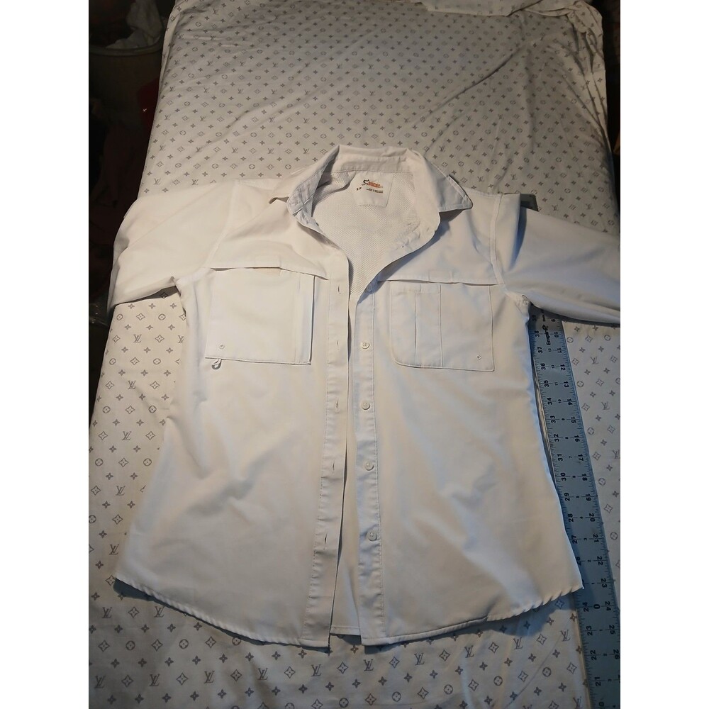 GREAT FEATURES Fishing Outdoor Sports Shirt Sz S WHITE 4 Secure Pockets Vented